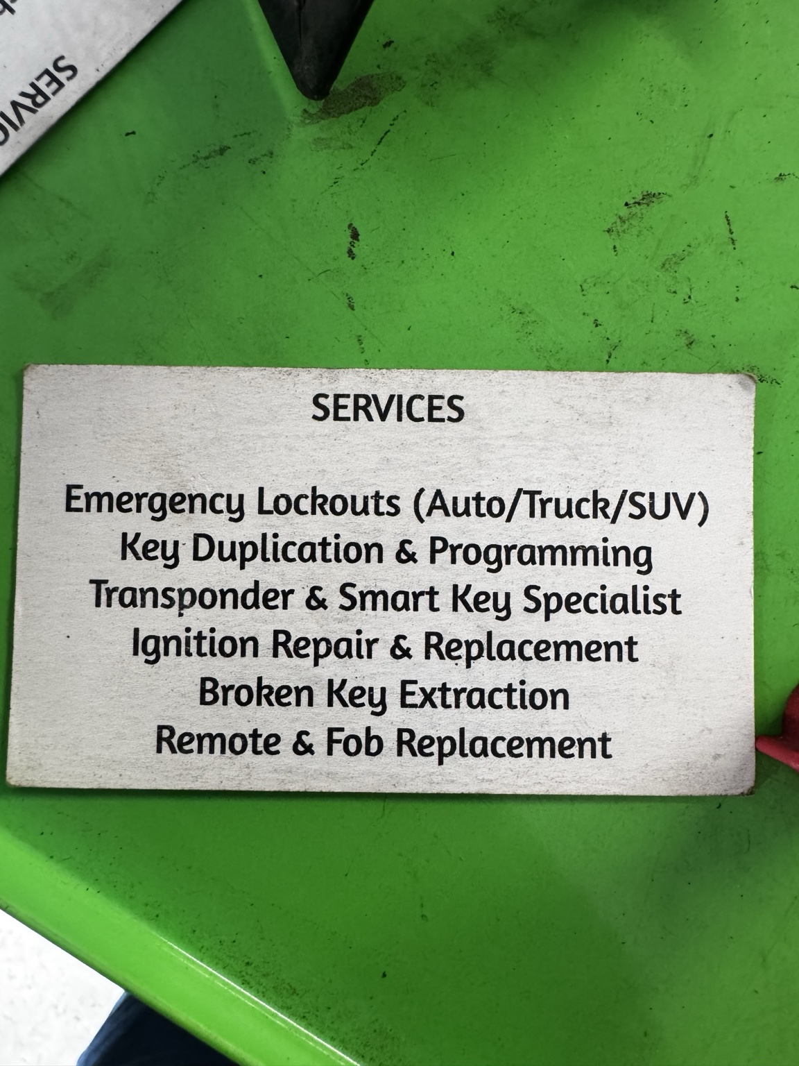 Printed service list for Sharpie Lock and Key